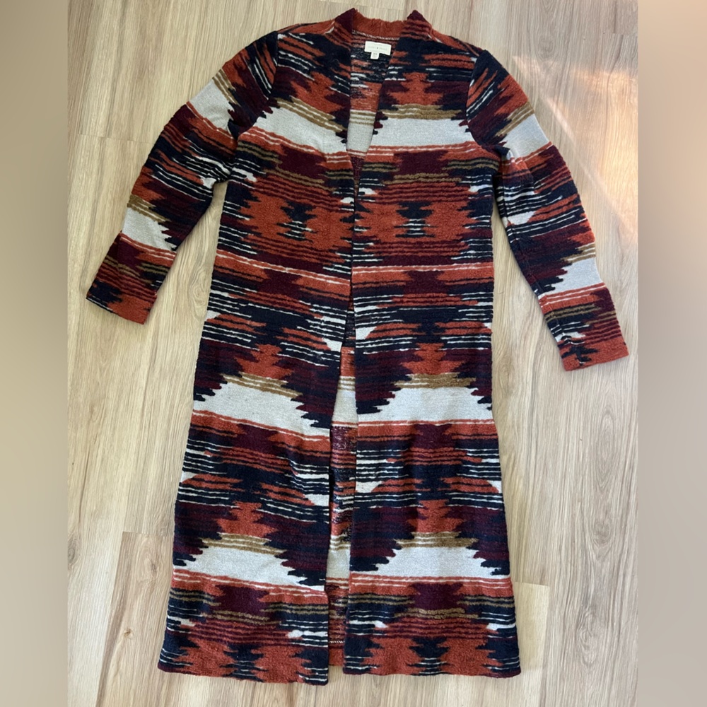 Lucky Brand Aztec Pattern Long Open-Front Cardigan Sweater